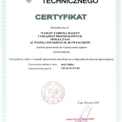 Certyfikat Dozoru Technicznego 1